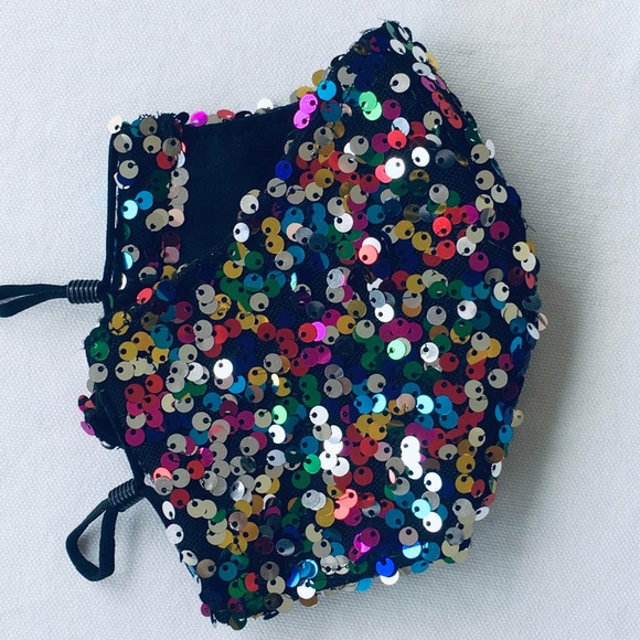 HAND CRAFTED SEQUIN FACE MASK BLING RAINBOW - Picture 2 of 11